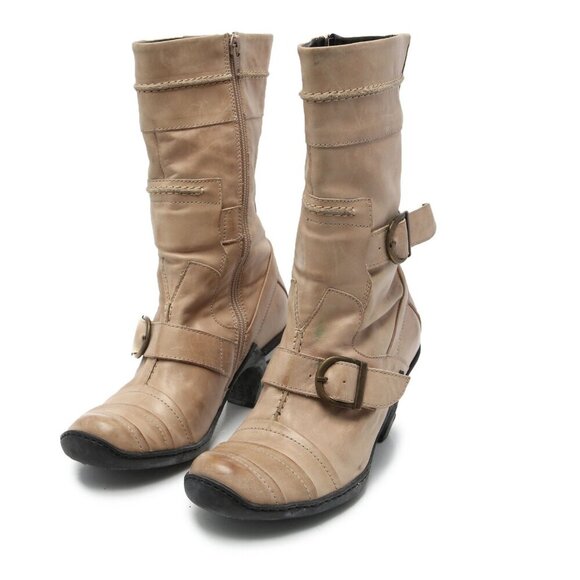 Eject Leather Boot Steampunk Moto Booties Buckles Straps Spiral Heel Tan Beige - Picture 4 of 12